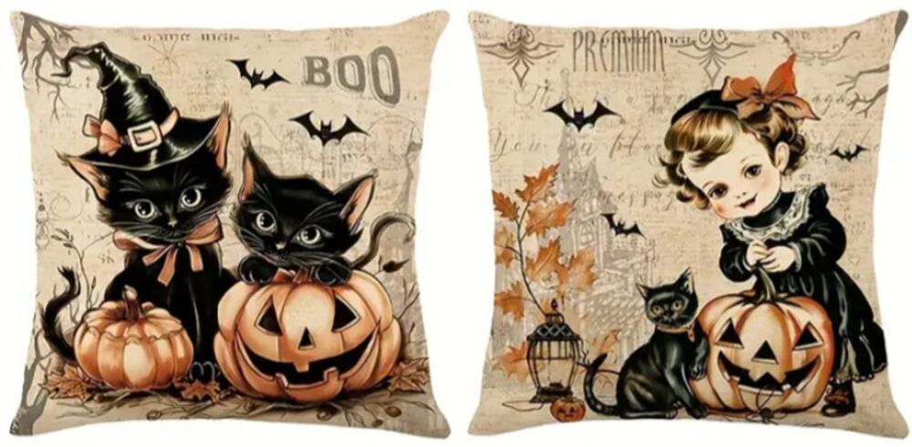 2 Victorian Halloween Pillow Covers Only 18"×18" Whimsy Black Cats Girl Retro
